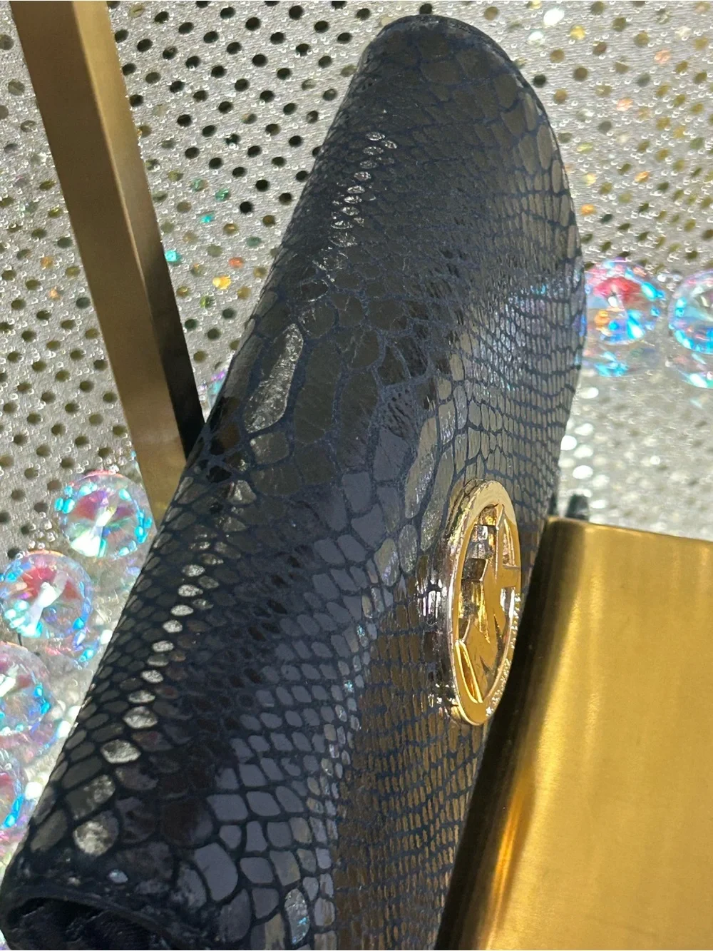 Michael Kors Black Snake-Embossed Wallet with Gold MK Emblem Approx. 6 x 4